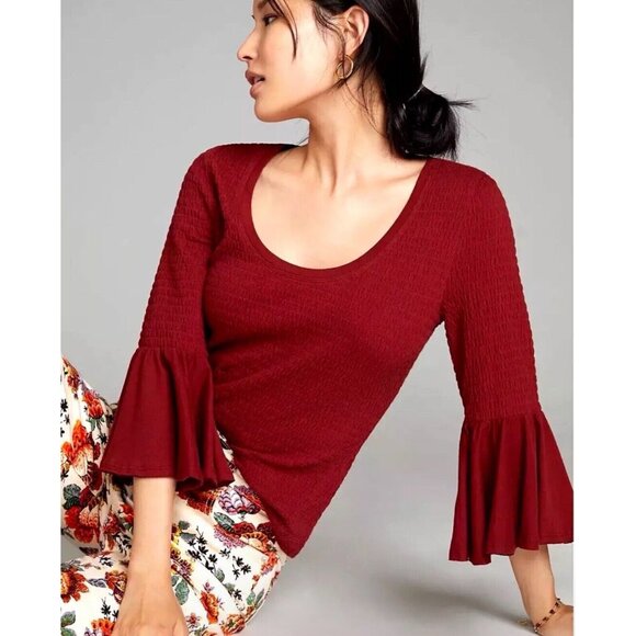 Anthropologie Smocked Bell Sleeve Top Shirt Blouse Wine Red Burgundy Sz Small - Picture 1 of 15